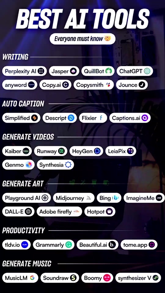 Best AI tools for for auto caption, productivity, writing, generating videos, art, and music.   #aitools  #aitoolz  #bestaitools  #bestaitools2023  #aitool  #airevolution  #aiautomation  #aiforproductivity  #amazingai  #topaitools  #aitools2024  #aivideos  #aivideo  #aiforproductivity  #aigeneratedart  #generariveai   thumbnail